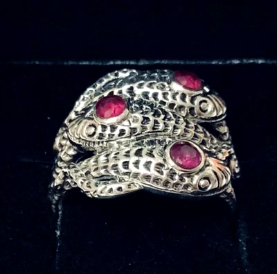 Solid Sterling Silver Ruby Gothic Snake Trio Python Serpent Infinity Ring R 9 - Image 1 of 4