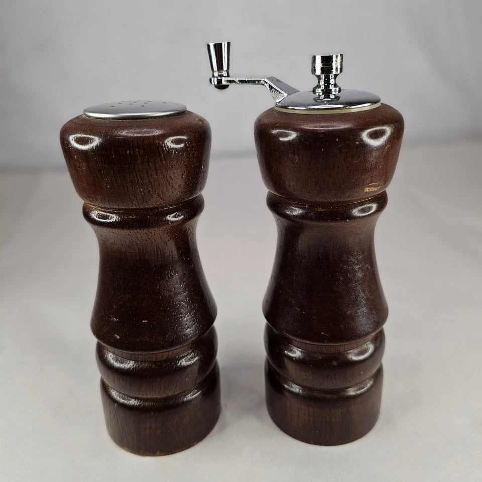 Vintage Wood Pepper Mill and Salt Shaker Set Manual Crank Stainless Steel - Image 1 of 4