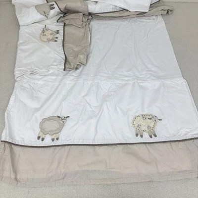 Pottery Barn Kids Embroidered Sheep Lamb White Beige Crib Bed Skirt Simple Boho - Image 1 of 4