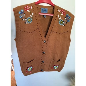 Cambridge Dry Goods Floral Beaded Vest Sleeveless Cardigan Brown Large - Picture 1 of 9