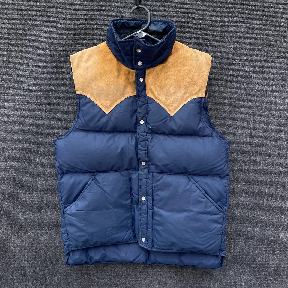 Vintage Woolrich Mens Medium Leather Yoke Down Puffer Jacket Blue Pearl Snap - Image 1 of 4