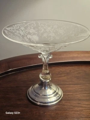 Antiguo vidrio grabado Cambridge Chantilly de plata esterlina Sheffield base S compota Foto 1 de 4