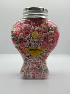 XO Love ☆  Valentines Day Sprinkles PINK Silver 3.88 oz HEART BOTTLE Wilton - Image 1 of 4