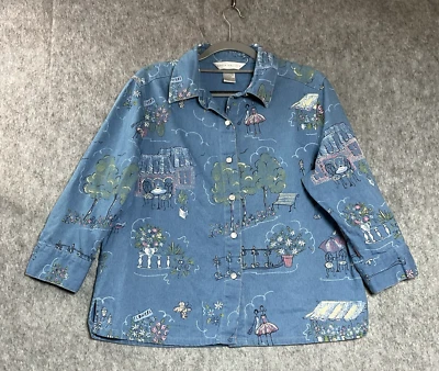 Camisa Top Vintage Mujer Mediana Azul Floral Cottage Prairie Retro Todos los Días Foto 1 de 4