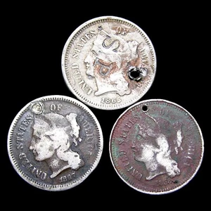 1865 1867 1868 Copper Nickel Three Cent Piece 3cp Nice Holed Coin Lot #837E - Picture 1 of 2