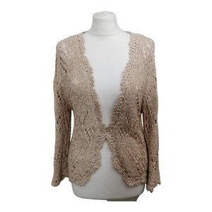 Crochet Shimmer Cardigan Size 10 Sequin Beige Ribbon Stretch Open Rag Knit - Picture 1 of 17