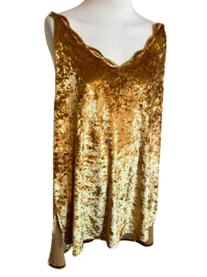 Camiseta sin mangas Umgee para mujer talla grande dorada amarilla terciopelo aplastado festoneado cuello en VNew Nueva Foto 1 de 4