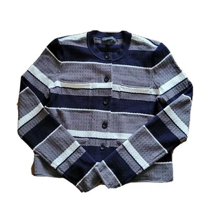 Ann Taylor Cardigan Womens Size Medium Gray Blue Stripe Button Down Top Pockets - Picture 1 of 11