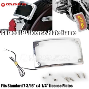 For Harley Chopper Bobber 12° Curved Chrome Number Plate Frame W/ White LED Lamp - Imagen 1 de 12