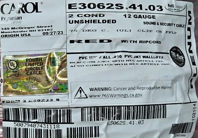 Carol E3062S 12/2C Stranded Plenum Fire Alarm Communication Cable FPLP Red /50ft - Image 1 of 4