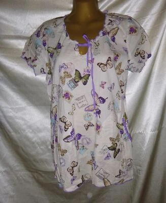Koi Kathy Peterson Scrub Top S purple Butterflies Travel Stamps Designer print - Image 1 of 4