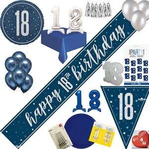 Blue 18th & Happy Birthday Party Decorations Silver Bunting Balloons Banner Age - Picture 1 of 23