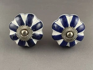 2 Porcelain Ceramic Blue & White Drawer Cabinet Door Knobs Handle Pulls - Picture 1 of 4
