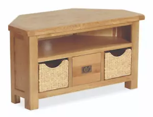 Oakvale Oak Corner TV Unit with Wicker Drawers / Oak Corner Tv Stand / Built - Picture 1 of 24