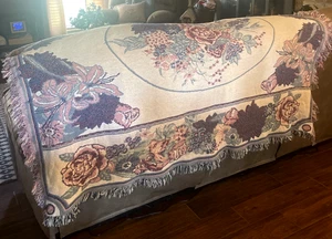 Vintage Floral Throw Blanket Woven Floral Flowers Fringe Grannycore Pink Blue - Bild 1 von 6