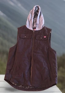 Wrangler Vest Men L Full Zip Up Hooded Insulated Canvas Work Wear Brown - Picture 1 of 9