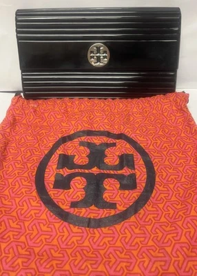 TORY BURCH Evening Clutch Bag, Black Shiny Ribbed Design w/ Silver & Black Logo - Image 1 of 4