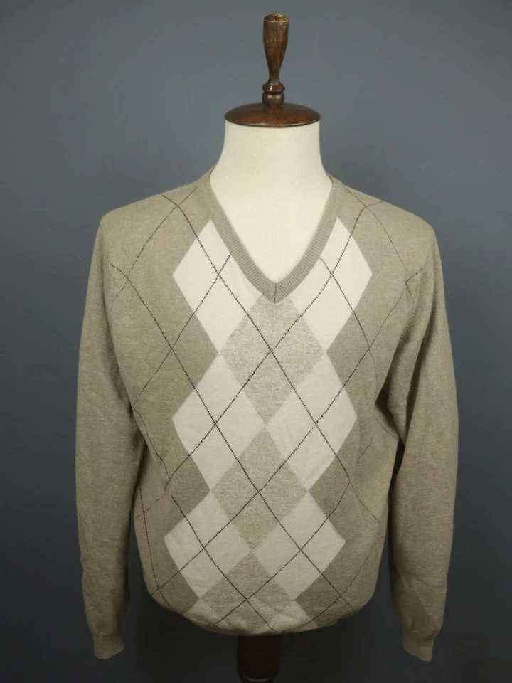 Burberry London Tan Argyle Diamond Wool Knitted V-Neck Pullover Sweater Size XL - Image 1 of 4