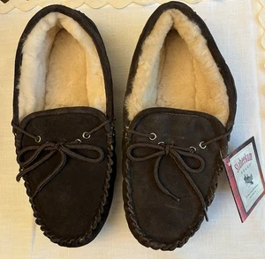 STAHEEKUM Chocolate Brown Suede Men 10 Moccasin Sheepskin Lining Slippers Shoes - Picture 1 of 4