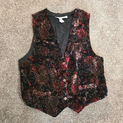 Vintage 1990s Velvet Crush Floral Dark Academia Golden Button Front Vest Medium - Image 1 of 4