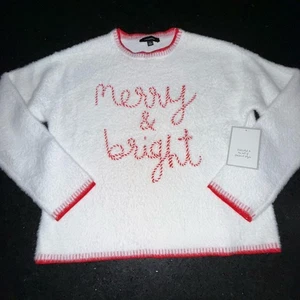 NUOVO MAGLIONE ANTHROPOLOGIE CALLAGRAPHIE BIANCO FUZZY NASTRO ROSSO ALLEGRO E LUMINOSO MED - Foto 1 di 9