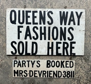 Queens Way Fashions 2-Piece 2-Sided Handpainted Advertising Sign Vtg Clothing - Picture 1 of 23