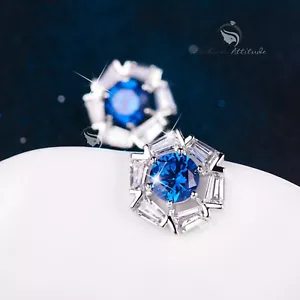 18k white gold filled made with BLUE CLEAR SWAROVSKI CZ crystal earrings stud - Picture 1 of 3