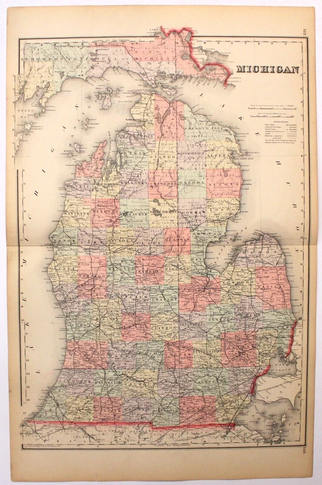 Mapa antiguo original "MICHIGAN" COLTON 1874 Foto 1 de 1