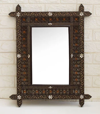 Handmade 24 * 20" Moroccan Mother of Pearl Inlaid Wood Wall Hanging Mirror Frame - Photo 1/4