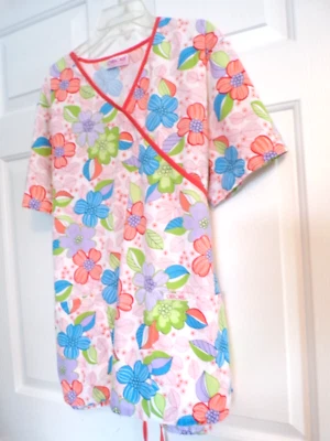 Cherokee Nurse Scrub Women Size Medium  Cotton Floral Short Sleeve Tie Back  EUC - Изображение 1 из 4