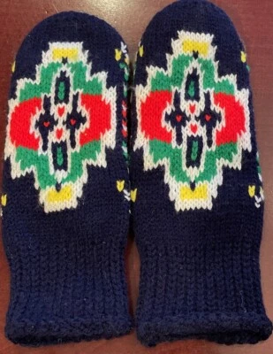 Vintage Crochet Mittens Navy Blue Multicolor Aztec Crochet Age 6-11 Unisex Glove - Image 1 of 4