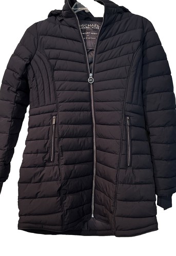 Cappotto donna Michael Kors blu navy full zip con cappuccio manica lunga taglia S nuovo con etichette MK Puffy