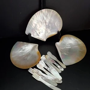 12 Piece Set Mother Of Pearl Caviar Plates Dishes Forks Spoons Knives - 8" plate - Picture 1 of 24