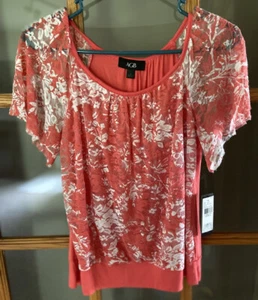 Camicetta donna nuova con etichette AGB piccola melone/bianca manica svolazzante a strati morbida elasticizzata - Foto 1 di 5