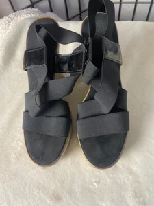 EUC Eurosuole Black Elastic Strap Wedge Sandals size 39 (8.5) Made in Italy - Picture 1 of 7