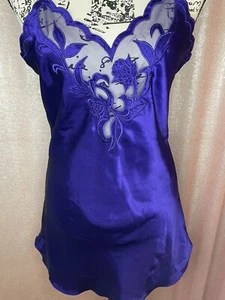 Cacique Purple blue sheer deep v neck Sexy Mini Slip Dress Lingerie S Chemise - Picture 1 of 8