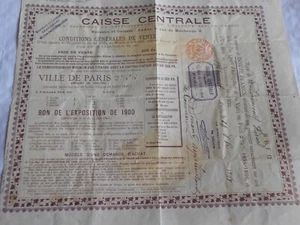 Vintage Aktienzertifikat Aktien Anleihen Aktionen Caisse Central Paris Expo 1900 - Bild 1 von 3