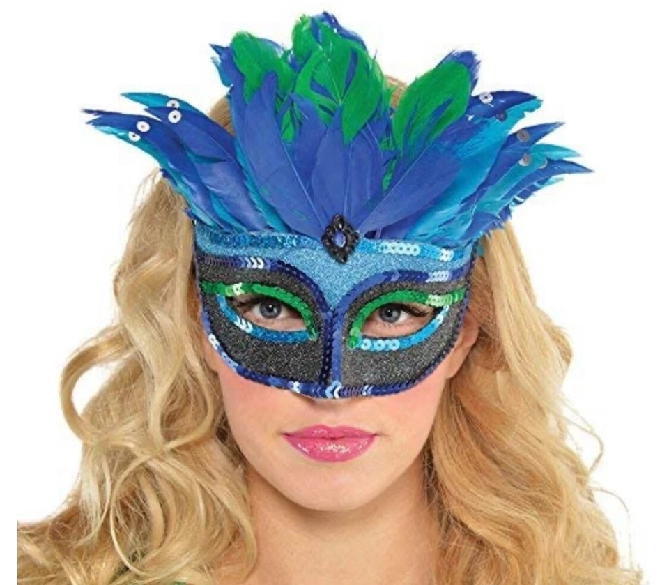 Blue Green Feather Carnival Masquerade Venetian Mardi Gras Women Eye Mask - Image 1 of 1
