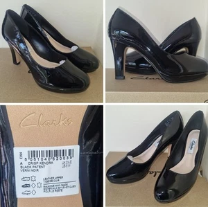 Clarks Crisp Kendra Ladies UK Size 3.5E Black Patent Leather Court Heel Shoes - Picture 1 of 24