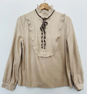 Markenlos beige Rüschen Tie hochgeschlossen Bluse Gr Langarm Japan Harajuku - Bild 1 von 9
