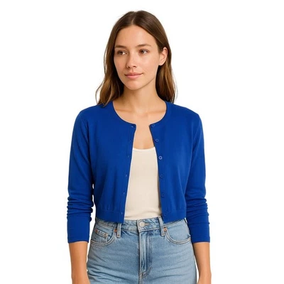 WEEKEND MaxMara Royal Blue Cropped Cardigan Sweater Long Sleeve Button Up - Image 1 of 4