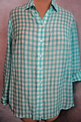 COLDWATER CREEK Talla XL Verde y Blanco Cuadros Top Abotonado Manga Larga Foto 1 de 4