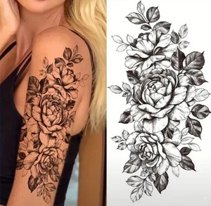 Floral Roses Leaves Line Art Temporary Tattoo Faux Fake Tattoos Black Arm Sleeve - Picture 1 of 6