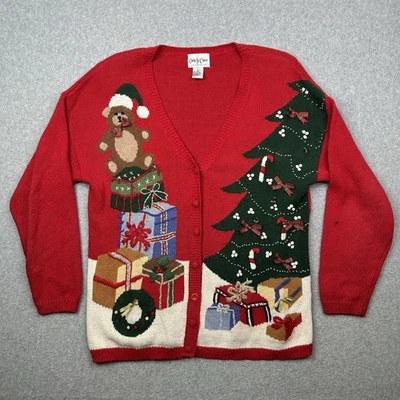 复古 90 年代假日圣诞开衫毛衣大号刺绣红色 — 第 1/4 张图片