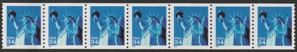US Scott 3476 34c Statue of Liberty PNC strip of 7, plate # 1111 - Image 1 of 1