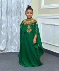 Stylish Kaftan Kids Long Moroccan GREEN Georgette Party Gown Dress New Wedding - Picture 1 of 3