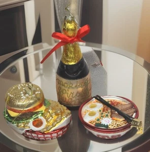 3 Glass Ornaments Hamburger Fries Basket Ramen Bowl Champagne Bottle Old World - Picture 1 of 15