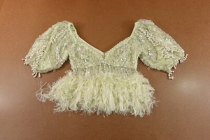 ASOS Luxe Womens 4 Mint Green Drop Pearl Embellished Puff Sleeve Crop Top NWT - Picture 1 of 8