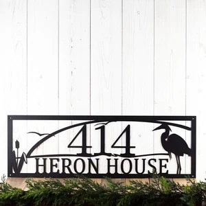 Custom Great Blue Heron Metal Address Sign, Lake Sunset Scene with Egret Bird - Picture 1 of 14
