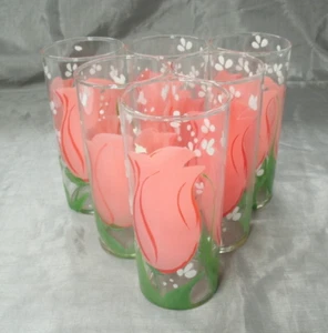 Vtg Gloria Vanderbilt PINK TULIPS Set of 6~6-1/4" Handpainted Tumblers Coolers - Picture 1 of 5